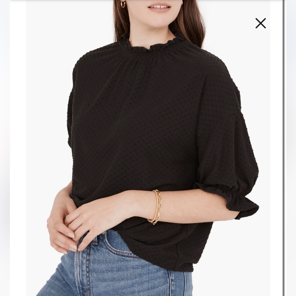 Madewell Texture & Thread Clip Dot Ruffle Top XS in True Black